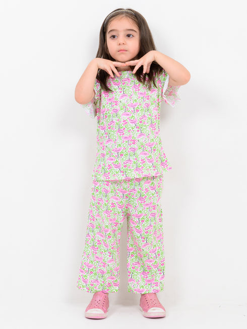 Frill Sleeves Flamingo Fun Cotton Trouser Set (Pink Meadow)